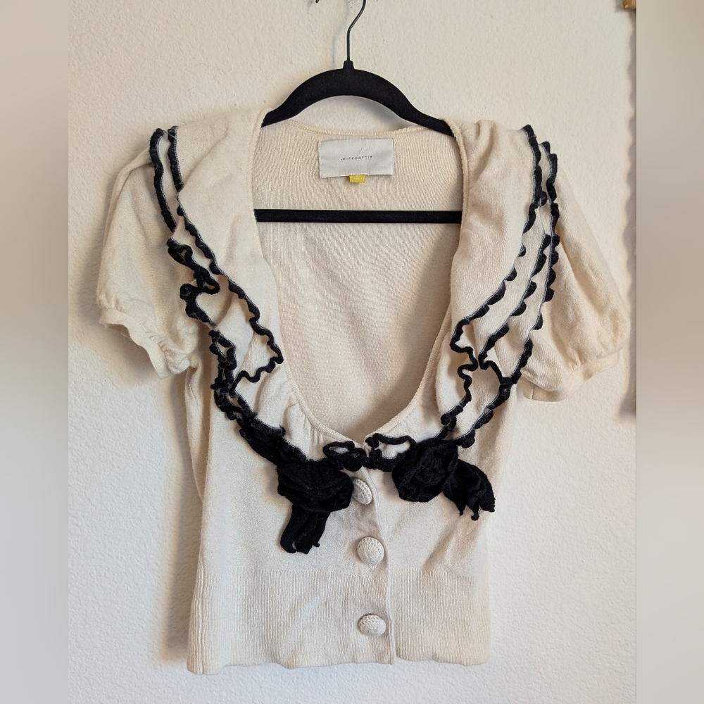 Leifdottir Anthropologie Cream Ruffle Short Sleeve Cardigan Sweater Wool Sz S